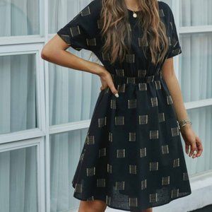 Black, Geometric Short Sleeve Round Neck Cotton/Linen Feel Dress with Pockets